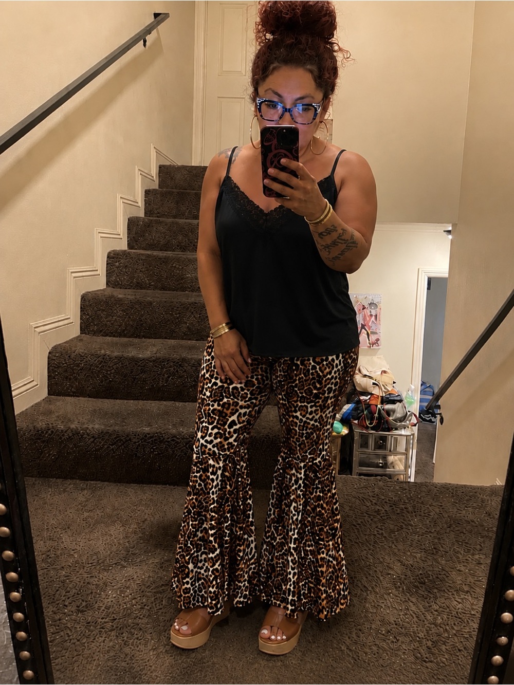 Women's Leopard Print Flared Pants - Brown